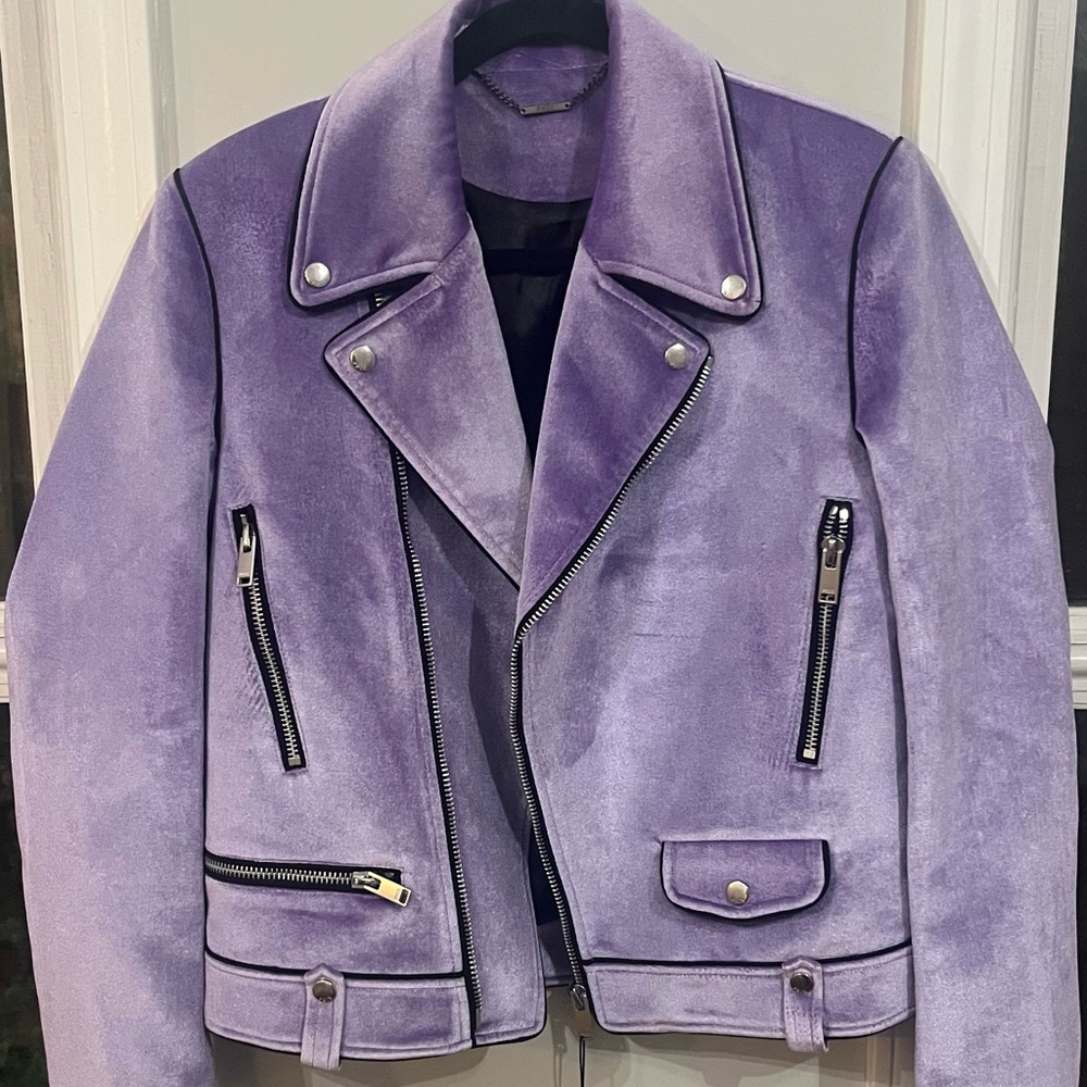 PURPLE VELVET PIPED BIKER JACKET